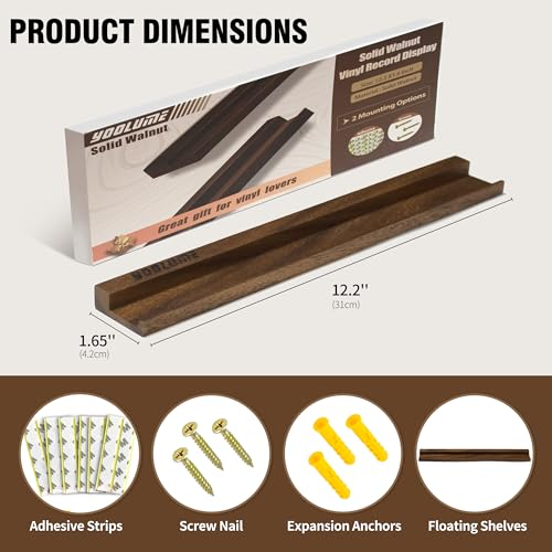 Vinyl Wall Mount No Drill with 2 Mount Options(Adhesive & Screws), 6 Pack Solid Walnut Wood Record Display No Screws, Record Shelves for Wall, Album Magazine, Record Shelf, Vinyl Holder Wall