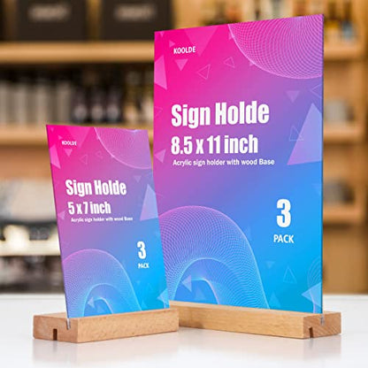 KOOLDE 3 Pack 8.5x11 Acrylic Sign Holder with Wood Base, L/T Shape Vertical & Slant Back Double Display Stand, Clear Table Menu Holders for Wedding, Restaurant, Office, Home & Hotel Decor - size: 8.5x11