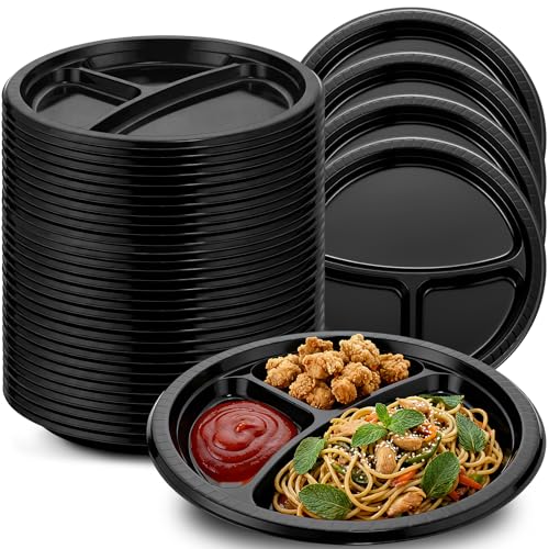 Umigy 100 Pcs 10 Inch 3 Compartments Divided Plastic Plates Bulk Colorful Disposable Heavy Duty Round Dinnerware for Valentine Wedding Birthday Party (Black) - color: Black