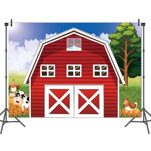 Cartoon Farm Photography Backdrop Animals Rustic Farmhouse Red Barn Photo Background for Kids Birthday Party Decoration Barnyard Baby Shower Newborn Photobooth Banner (10x8 FT) - size: 10x8 FT