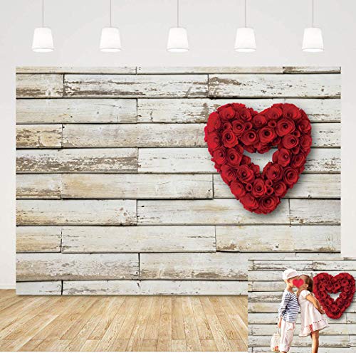 Red Rose Floral Wedding Photography Backdrop Valentine's Day Party Backdrops Love Heart Retro Wooden Wall Photo Background Bridal Shower Birthday Party Banner Photo Studio Prop 150 x 100cm Vinyl Cloth