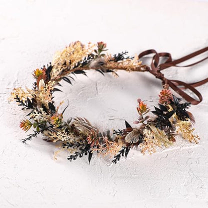 Brown Flower Crown Headband - Fairy Elf Floral Headpiece For Women Bridal Wedding Renaissance Hair Accessories Party Birthday Photoshoot Props - color: Feather-Brown