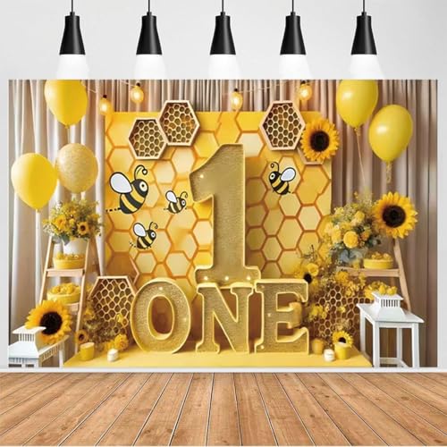 Bee 1st Birthday Backdrop Sunflower Balloons One Birthday Background Kids Girl Bee Birthday Party Decorations Baby Shower Party Banner Cake Table Photo Booth Props (D, 8X6FT) - color: D, size: 8X6FT