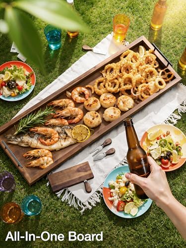 TIDITA Acacia Large Charcuterie Boards for Party with Cheese Knife Set of 4 – Acacia Wood Serving Tray with Handles, Long Charcuterie Board, Wooden Cheese Board (Walnut Color, 36 Inch) - color: Walnut Color, size: 36" x 12" x 1.5"