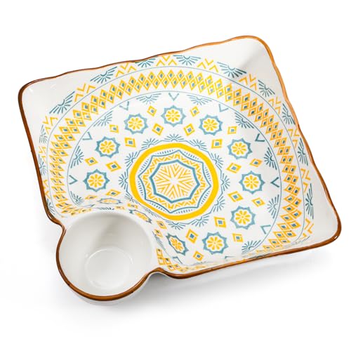 Pumtus 4 Pack Ceramic Dumpling Plates with Dipping Saucer, 7.3'' Individual Chip and Dip Serving Platter, Square Japanese Sushi Dish Tray, Colorful Serving Bowl for Appetizer Snack Fries Gyoza Taco