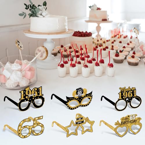 Turypaty 24Pcs 1961 65th Birthday Paper Glasses Decorations for Men Women - Black Gold Happy 65th Birthday Paper Eyeglasses Photo Props, Vintage 1961 Sixty-Five Years Old Bady Party Supplies - style: Black Gold 65th