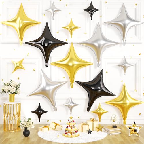 Gold Black Star Balloons, 16 PCS Silver Four Angle Star Foil Balloons, 26 Inch and 10 Inch Black Gold Stars Shaped Balloon for Graduation Birthday Baby Shower Retirement New Year Party Decorations - color: Gold Black Silver