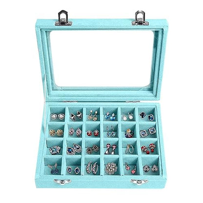 Velvet Jewelry Box 24 Grid Jewelry Earrings Display Organiser Box Ring Tray Holder Earrings Storage Case for Girls Women Wife Mom (Light blue) - color: Light blue