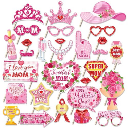 25Pcs Mother's Day Photo Booth Props with Stick, Best Mom Theme Selfie Props, I Love Mom Birthday Party Supplies, Photography Backdrop Decorations