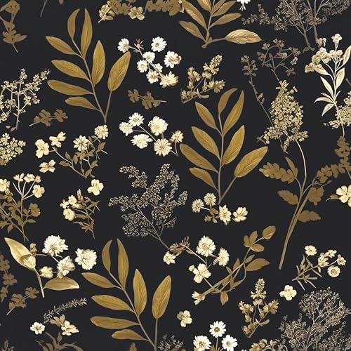 Laatse Leaf Wallpaper Peel and Stick Dark Floral Wallpaper 17.5in x 197in Vintage Leaf Contact Paper Vinyl Waterproof Self Adhesive Boho Botanical Wall Paper for Bedroom Cabinet Décor - color: Black&Golden, size: 197" x 17.5"
