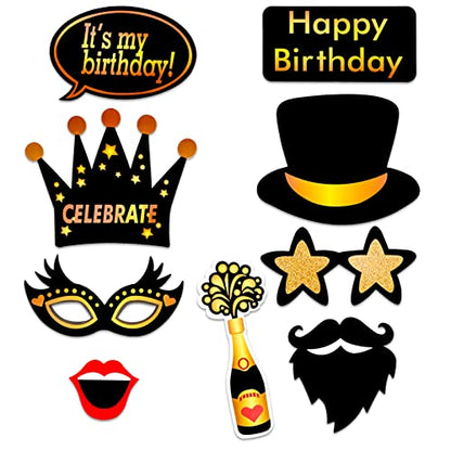Qpout Black and Gold Photo Booth Props (35 Count) for Kids Adults Birthday Party - Funny Chic Selfie Props With Bamboo Sticks & Stickers