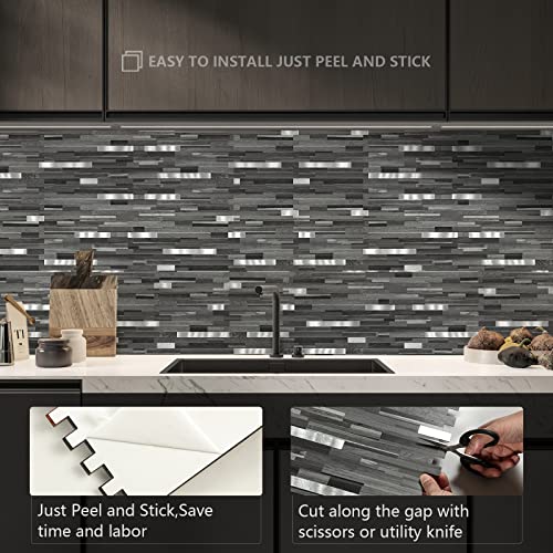 Midcard 20 Sheets Peel and Stick Backsplash, Black Grey Wood Look PVC Mixed Metal Stick on Backsplash Tiles for Kitchen - color: Black Grey Wood with Metal Silver, size: 20