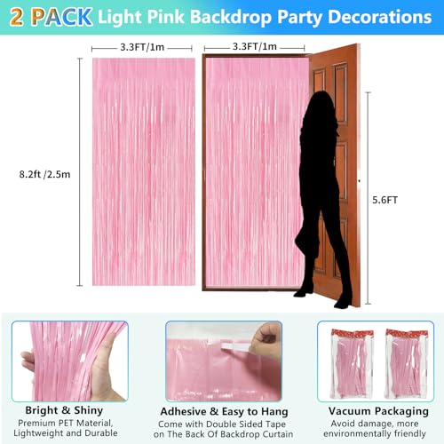 Pastel Pink Birthday Party Backdrop Decorations Foil Fringe Curtain 3.3x8.2ft 2 Pack, Pink Streamers Background Party Decorations Wall Door Hanging for Baby Valentines Barbie Princess Bachelorette - color: Pastel Pink