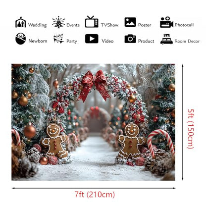 AIBIIN 7x5ft Winter Christmas Gingerbread Man Backdrop Snowy Christmas Tree Arch with Candy Canes and Red Bows Photo Background Holiday Winter Wonderland Birthday Party Baby Shower Vinyl Studio Prop - color: Gingerbread Man, size: 7x5ft