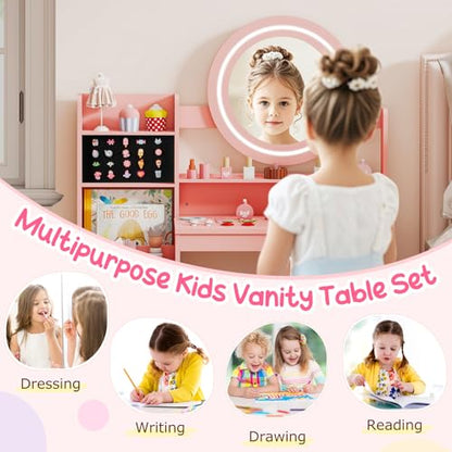 Costzon Kids Vanity, Girls Vanity Set with Mirror and Lights, Jewelry Storage, Shelves, Princess Toddler Makeup Vanity Desk Dressing Table, Wooden Kids Vanity Table and Chair Set (Pink) - style: Pink with Jewelry Storage