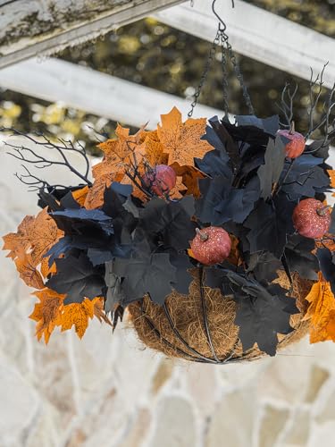10pcs Fake Plants Outdoor, Halloween Maple Pumpkin Branch, Autumn Artificial Pumpkins Stem with Black & Orange Maple Leaves, Faux Maple Leaves Spray for Halloween Thanksgiving Home Deocr - color: Black&orange