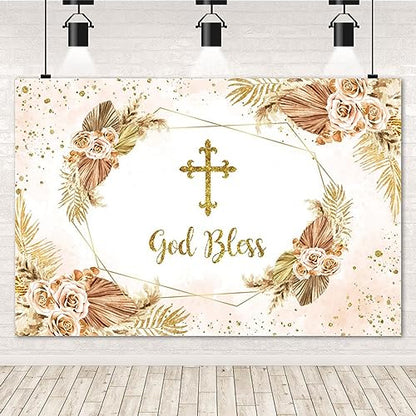 Boho Flowers God Bless Backdrop for Photography First Holy Communion Christening Baptism Photo Backdrop 10x8ft Mi Bautizo Background Girl Baby Shower Party Birthday Decoration Banner Props