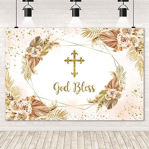 Boho Flowers God Bless Backdrop for Photography First Holy Communion Christening Baptism Photo Backdrop 10x8ft Mi Bautizo Background Girl Baby Shower Party Birthday Decoration Banner Props