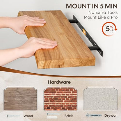 Floating Shelves Set of 2, Solid Elm Wood Wall Shelves 24 Inch - Invisible Bracket Mount for Living Room, Bedroom, Kitchen, Bathroom - Natural - color: Clear Natural, size: 24"L, 2-Pack