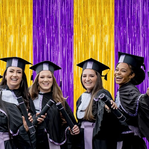 2 Pack Graduation Backdrop, 3.28 FT x 7.05 FT Grad Party Decorations 2026, Purple Gold Backdrop Foil Fringe Curtains, Metallic Purple and Gold Graduation Decorations Class of 2026 Decor - color: Purple Gold, size: 2 PCS