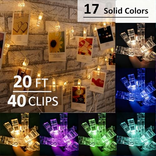 Solhice 20ft Photo Clips String Lights Color Changing 40 LEDs, Hanging Lights for Teen Girls Room Decor, Teenage Christmas Gifts, Indoor Bedroom USB Wall Lights for Pictures with Remote - size: 20ft