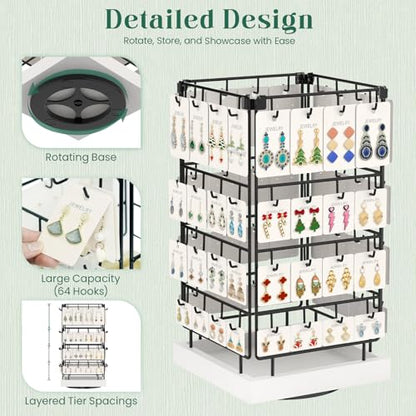 EsLuker.ly Rotating Earring Display Holder Stand for Vendors Events Selling, Large Capacity 64 Hooks Jewelry Rack with Wooden Base for Earring Card Sales, Enhances Retail Display Visibility - color: White+Black