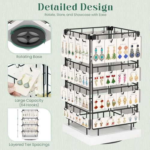 EsLuker.ly Rotating Earring Display Holder Stand for Vendors Events Selling, Large Capacity 64 Hooks Jewelry Rack with Wooden Base for Earring Card Sales, Enhances Retail Display Visibility - color: White+Black