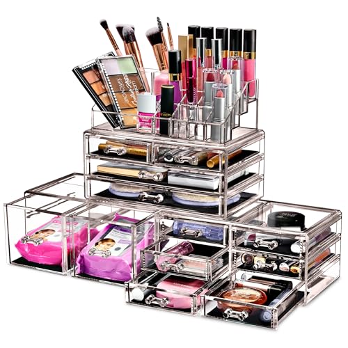 Sorbus Large Makeup Organizer - Clear Stackable Jewelry & Makeup Organizer For Vanity, Bathroom Storage, Dresser - 12 Drawers Cosmetic Beauty Organizers and Storage with Lipstick, Makeup Brush Holder - color: Black Jewel