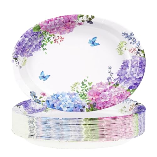 50Pcs Hydrangea Flowers Oval Paper Plates Large 10"x12" Blue Purple Pink Hydrangea Floral Plates Disposable Heavy Duty Flower Plates for Spring Wedding Bridal Baby Shower Decoration Tea Party Supplies - style: 50Pcs Hydrangea Oval Plates