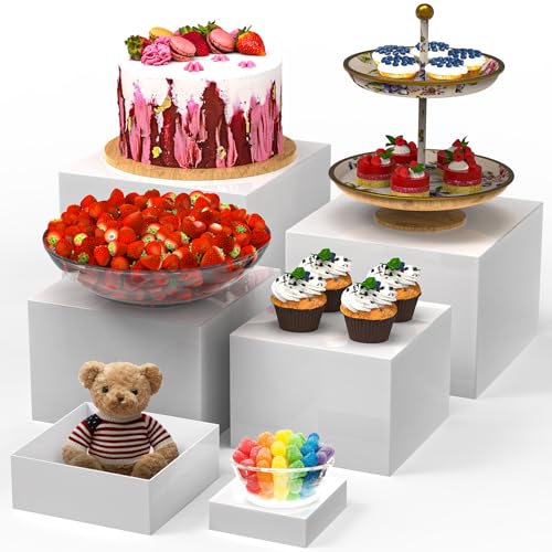 6 PCS Buffet Risers, Food Risers for Buffet Table, Display Stand Shelf for Party, Catering, Jewelry & Collectibles, White Acrylic Nesting Boxes for Food Display (8" 7" 6" 5" 4" 3") - size: 8" 7" 6" 5" 4" 3"
