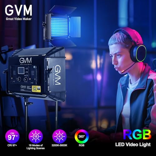 GVM RGB Photography Lighting Kits with 2 Softboxes, 680RS 50W Studio Lights with Bluetooth Control, 2 Packs Video Light with 18 Lighting Scenes, led Panel Lights for Video Recording, 8500lux/0.5m - size: 2 Packs with Softboxes
