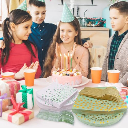 Serve 35 Guests Sage Green and Gold Party Supplies,7 Inch Disposable Sage Green Dessert Paper Plates and Napkins for Wedding Birthday Party - color: Grass Green Gold Dot Paper Plate
