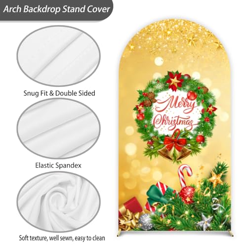 Merry Christmas Arch Backdrop Stand Cover 7.2ft Gold Arch Wall Backdrop Christmas Day Round Top Cover Spandex Fabric 2-Sided for Winter Party Xmas Family Holiday Photo - color: Christmas2, size: 7.2FT