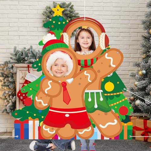 Christmas Gingerbread Man Photo Booth Prop Christmas Tree Photo Door Banner Background Large Fabric Face in Hole Photos Stand-in Gingerbread Backdrop for Indoor Outdoor Xmas Winter Holiday Supplies
