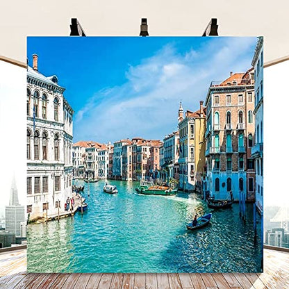 AOFOTO 10x10ft Italy Venice Photography Backdrop Water City Streetscape Italian Themed Party Decorations Background for Restaurant Canal Gondolas European Trip Birthday Portrait Photoshoot Props - size: 10x10ft