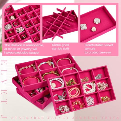 Junkin 12 Pcs Jewelry Tray Velvet Stackable Jewelry Organizer Trays Divided Earring Accessories Storage Containers Box (Rose Red) - color: Rose Red