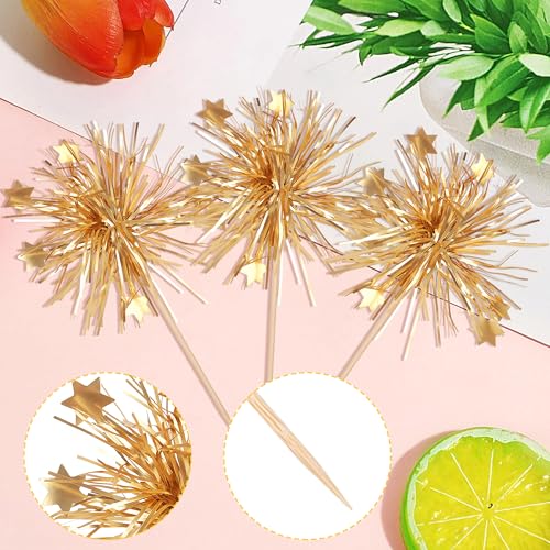 30 PCS Foil Firework Cupcake Toppers Happy Birthday Cake Toppers Star Sparkle Tinsel Flower Drink Stirrers Cocktail Fruit Toothpicks for Valentine's Day Baby Shower Birthday Party Supplies Gold - color: A Gold New