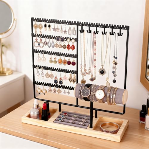 Ciormis 5 Tier Jewelry Holder Organizer, 72 Holes Earring Tree Holder Organizer 12 Hooks Necklace Rack Display Holder with Ring Storage Tray Bracelet Display Holder for Preppy Girl Friend Gift(Black) - color: Black-new