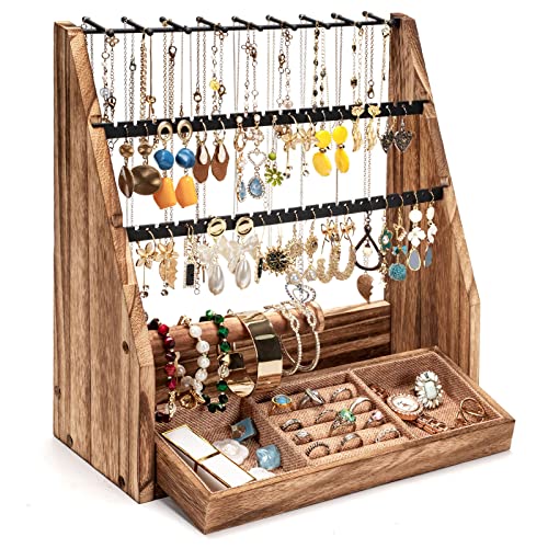 DGWJSU Jewelry Organizer Stand, 5 Layer Earring Holder Organizer with Necklace Holder, Rustic Wood Earring Organizer Display for Stud Earring Bracelet Necklace Ring, Watches - color: Rustic Brown