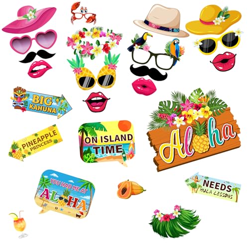 42pcs Luau Party Decorations Photo Booth Props Kit, Hawaiian Themed Party Supplies Tropical Photo Booth Props for Summer Beach Pool