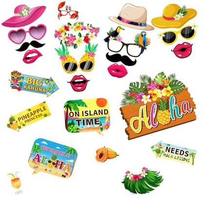 42pcs Luau Party Decorations Photo Booth Props Kit, Hawaiian Themed Party Supplies Tropical Photo Booth Props for Summer Beach Pool