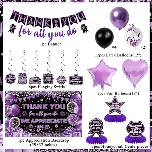 Vlipoeasn We Appreciate You Banner Decorations, Black Purple Thank You for All You Do Backdrop Banner Honeycomb, Retirement Office Decor Staff Teachers Professors Doctor Nurses Appreciation - style: Purple