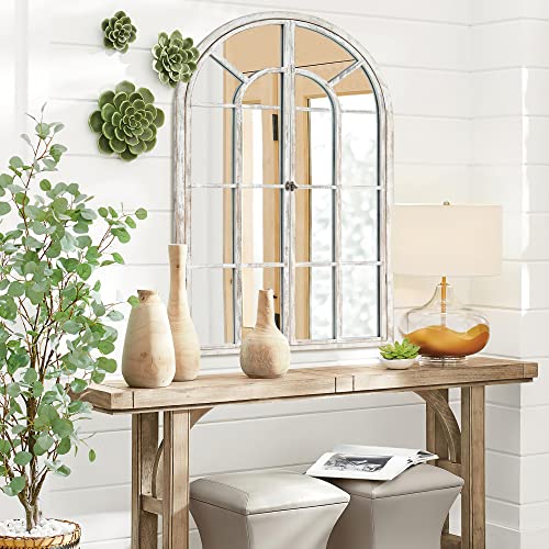 NeuType 36"x 24" Arched Wall Mirror, Wood Framed, Weathered White, Rustic, Farmhouse Style, Wall Mounted, Rectangular, Window Mirror with Hooks, Perfect for Living Room, Entryway, Bedroom - color: Weathered White (Wood Arched), size: 36"L x 24"W