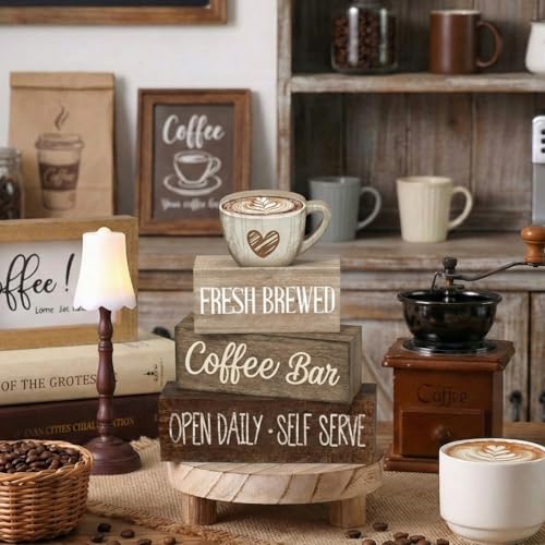 Moucuny 4 Pcs Farmhouse Coffee Bar Signs Decor Wooden Cup Rise & Shine It's Coffee Time Rustic Wood Cafe Sign Gift for Home Kitchen Tabletop Decor - style: Coffee Bar Coffee Bar