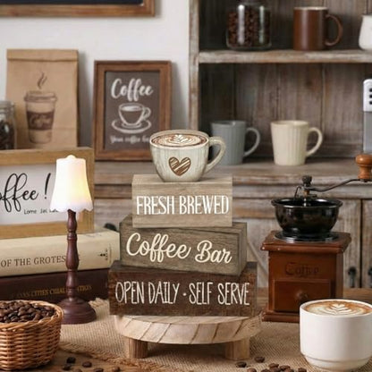 Moucuny 4 Pcs Farmhouse Coffee Bar Signs Decor Wooden Cup Rise & Shine It's Coffee Time Rustic Wood Cafe Sign Gift for Home Kitchen Tabletop Decor - style: Coffee Bar Coffee Bar