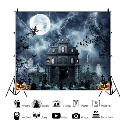10x8ft Halloween Hunted House Backdrop for Photography Spooky Ghost Witch Backdrop Scary Moon Night Creepy Cemetery Background Photo Prop Halloween Tapestry for Wall - color: Black 25779