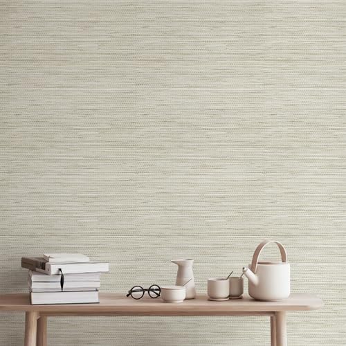 JiffDiff Grasscloth Wallpaper Peel and Stick Cream Grassweave Peel & Stick Wall Paper Textured Wallpaper Self Adhesive Contact Paper 787" x 17.3" - color: Beige, size: 17.3" x 787"