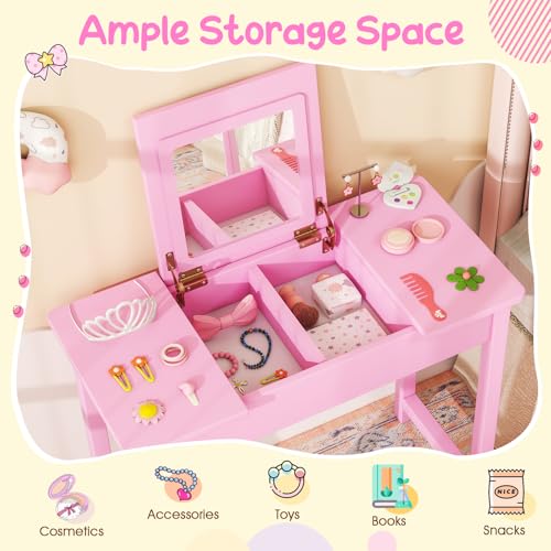 Costzon Kids Vanity, 2 in 1 Girls Vanity Set with Flip Top Mirror, Hidden Storage Space, Wooden Toddler Makeup Vanity Desk Dressing Table, Kids Vanity Table and Chair Set (Pink) - style: Pink with Flip Top Mirror