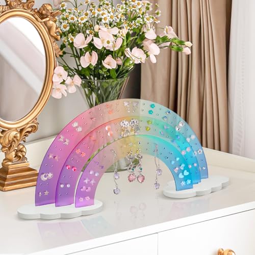 NiHome 3-Tier Gradient Color Acrylic Rainbow Earring Organizer, 14" W x 6.3" H Lightweight and Durable Design 140 Holes for 70 Pairs, Unique Front Row for Special Earrings (Macaron Gradient) - color: Macaron Gradient