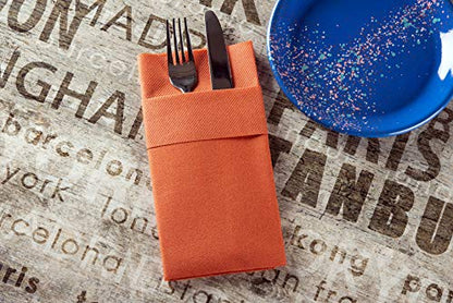 Moyes Home Terracotta Disposable Dinner Napkins with Pocket - Linen-Feel Pre-Folded Cloth-Like Paper Napkins for Silverware, Weddings, Dinner Parties, 16x16 in, Pack of 50 - color: Terracotta